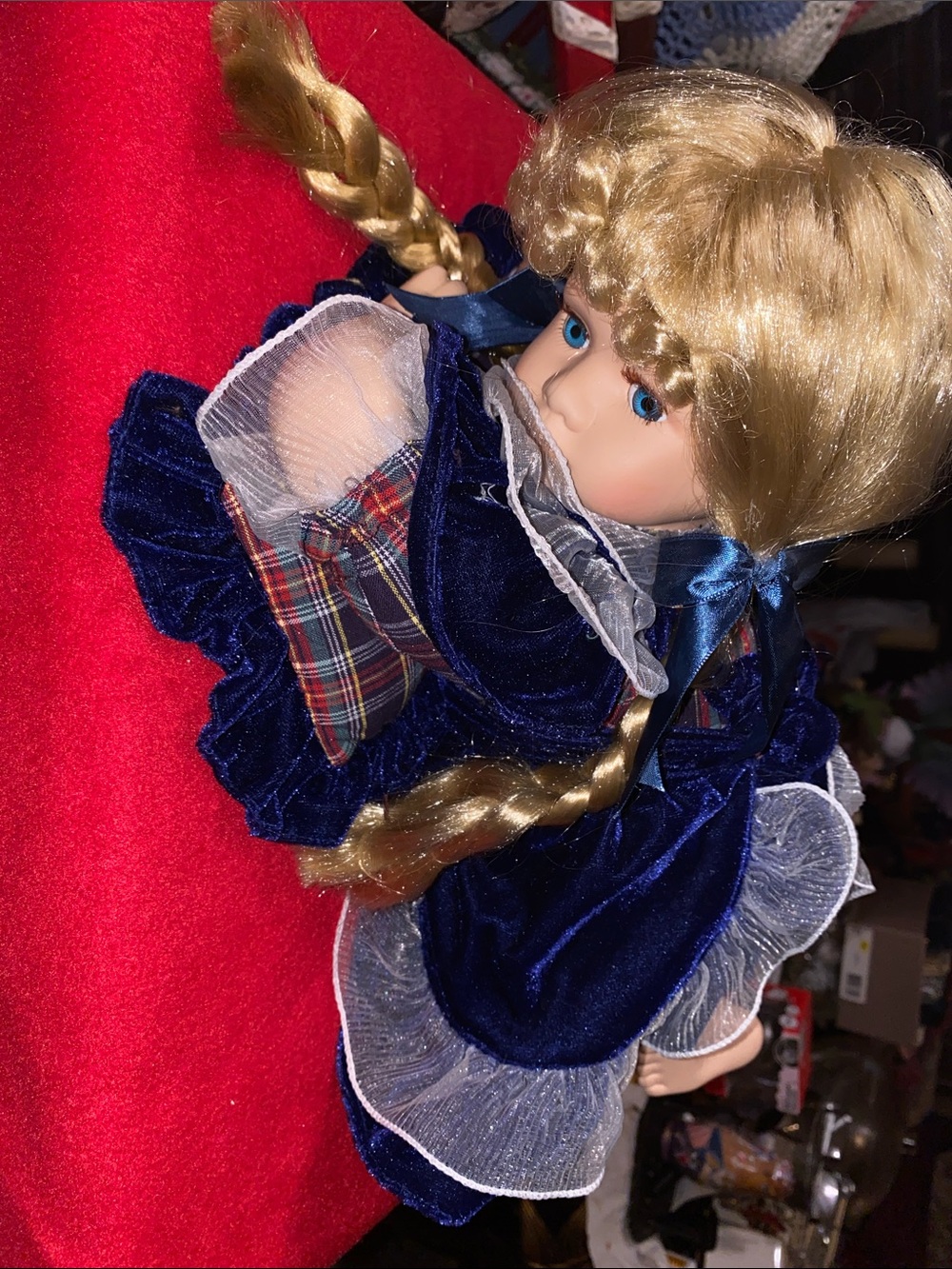 Vintage Blue Velvet Porcelain Doll with Blonde Braided Hair